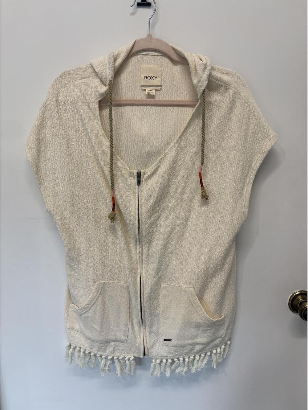 Roxy Cream Hooded Zip-Up Sweater with Tassel Hem, Size Large